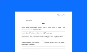 Dokument "aneks do umowy" zawiera dane pracodawcy i pracownika, wprowadzając zmiany w treści umowy o pracę.