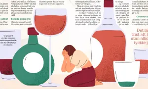 En kvinna sitter med händerna för ansiktet, omgiven av vinflaskor och glas. Bilden illustrerar en berättelse om litium och alkohol.
