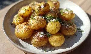 En tallrik med gyllene, råstekt potatis i airfryer, toppad med färsk dill och flingsalt. Perfekt som tillbehör!