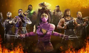 Mortal Kombat 11 postacie: Robocop, Sub-Zero, Mileena, Raiden, Liu Kang, Rambo i Terminator gotowi do walki na tle płomieni.