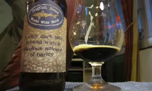 Una bottiglia e un bicchiere di Dogfish Head World Wide Stout, una birra scura con un significato di abbondante orzo.