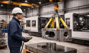 Arbetare styr en lyftkran som flyttar en tung metallkomponent i en verkstad, i enlighet med afs 2006:6.