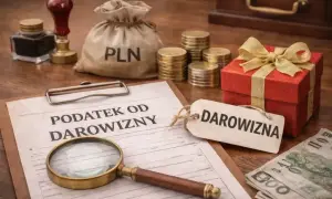 Dokumenty podatkowe, worek z pieniędzmi i prezent. Mieszkanie darowizna od dziadków to piękny gest, ale wiąże się z formalnościami.
