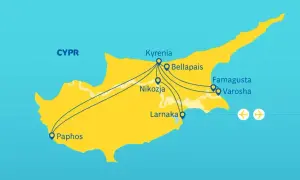 Mapa Cypru z zaznaczonymi miastami: Paphos, Nikozja, Larnaka, Kyrenia, Bellapais, Famagusta, Varosha. Pokazuje, ile się leci na Cypr z różnych punktów.