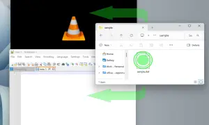 El VLC media player muestra un cono naranja. Una flecha verde indica cómo abrir archivos .dat desde el explorador de archivos.