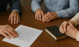 Rodzina przy stole, dokumenty i książka sugerują formalne postępowanie spadkowe.