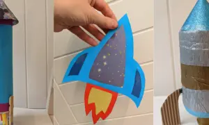 Kreative **Raketen basteln Kinder**: Drei bunte Papierraketen, bereit für den Flug ins All.