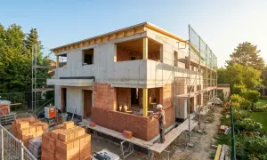 Rohbau eines Hauses mit 200 qm Wohnfläche. Ein Maurer verlegt Ziegelsteine, während Ziegelstapel und Gerüste die Baustelle prägen.