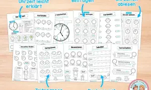 Arbeitsblätter zum Uhr lernen: Uhrzeiten eintragen, ablesen, Zeitspannen berechnen und Textaufgaben lösen.