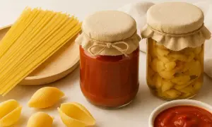 En hög med spaghetti, två burkar med hemlagad tomatsås och inlagda grönsaker, samt några snäckformade pastakroppar. En perfekt grund för en äkta pasta italiano.