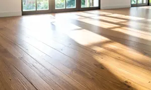 Suelo de madera con vetas marcadas y un acabado cálido, iluminado por la luz del sol que entra por las ventanas. Se aprecian distintos tipos de maderas.