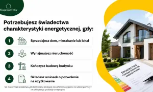Potrzebujesz świadectwa charakterystyki energetycznej przy sprzedaży, wynajmie, zakończeniu budowy lub pozwoleniu na użytkowanie. Dokument leży na stole obok nowoczesnego domu.
