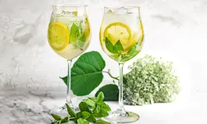 Dwa orzeźwiające drinki Hugo Spritz z cytryną i miętą, gotowe do degustacji.