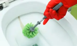Mano con guanto rosso pulisce il calcare dal wc con uno scopino verde.