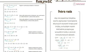 Matematyczne przykłady kolejności wykonywania działań z podziałkami i objaśnieniami.
