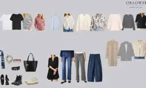 Kolekcja ubrań tworząca garderobę kapsułową: t-shirty, bluzki, sweter, marynarka, spodnie, sukienka, akcesoria.