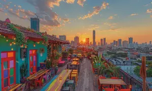 Un bar coloré sur un rooftop à Bangkok, avec des tables en bois et des lumières chaudes, offre une vue imprenable sur la ville au coucher du soleil.