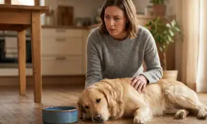 Besorgte Frau streichelt ihren Golden Retriever, der neben seinem Napf liegt. Der Hund trinkt nicht, sie macht sich Sorgen.