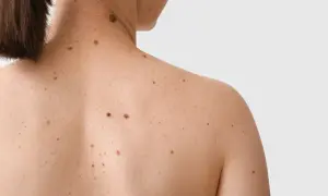 Plecy i kark pokryte licznymi piegami i znamionami.