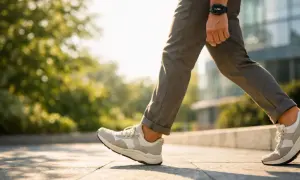 Uomo cammina con smartwatch che segna 7.256 passi. Quanti passi al giorno per dimagrire? L'attività fisica è fondamentale.