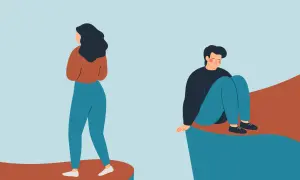 Kobieta odwrócona plecami, mężczyzna skulony na krawędzi. Ilustracja symbolizująca psychologię rozpadu związku i emocjonalny dystans.