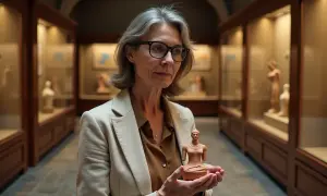 Une femme tient une statuette rappelant une déesse de la terre grecque, dans un musée.
