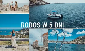 Rodos co zobaczyć: para na skałach, łódź na morzu, kobieta z widokiem na Lindos, wiatraki i widok na zatokę.
