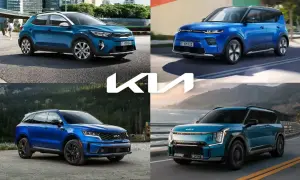 Kolekcja różnych modeli Kia: niebieski crossover na tle miasta, Soul, Sorento i futurystyczny SUV.