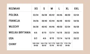 Tabela rozmiarów: polskie 44/46 to L, a 48/50 to XL. Sprawdź porównanie z innymi krajami.