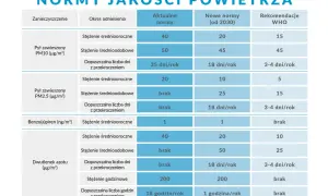 Tabela z normami jakości powietrza dla pyłu PM10, PM2.5, benzo(a)pirenu i dwutlenku azotu.