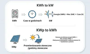 Diagram wyjaśnia, jak energia (kWh) zależy od mocy (kW) i czasu. Pokazuje też, jak moc panelu (kWp) przekłada się na produkcję energii (kWh) w zależności od nasłonecznienia.