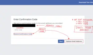 Ekran Facebooka z prośbą o wpisanie kodu potwierdzającego, gdy próbujesz zresetować hasło na Messengerze. E-mail z kodem nie dociera.
