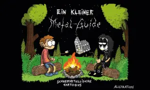 Zwei Jungen, einer im Metal-Look, sitzen am Lagerfeuer. Über ihnen hängt ein Marshmallow-Haus. Ein kleiner Metal-Guide für die härtesten Bands.