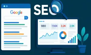 Ilustración de SEO: Google, gráficos de rendimiento y lupa. El **outreach que es** clave para el éxito digital.