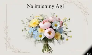 Wesołe imieniny Agnieszki! Bukiet pełen wiosennych kwiatów: różowych piwonii, żółtych gerberów i białych margaretek.