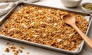 Nybakad granola på plåt med nötter, frön och mandel. Perfekt för ditt granola recept!