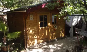 Charmante cabane en bois, nichée sous les arbres. Un hamac invite à la détente à côté.