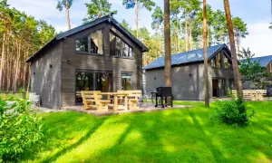 Nowoczesne lubiatów domki nad jeziorem w otoczeniu sosnowego lasu. Drewniane meble i grill zapraszają do relaksu.