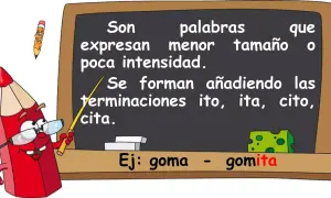 Un lápiz rojo explica en un pizarrón cómo se forman los aumentativos y diminutivos, usando "goma" y "gomita" como ejemplo.