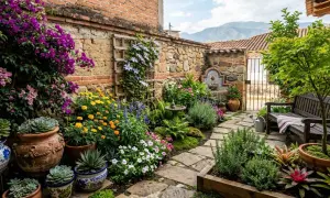 Un jardín exuberante con flores vibrantes y suculentas, ideal para crear un oasis verde. Las **plantas para tapar muros** añaden color y vida a este rincón acogedor.
