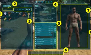 Interfejs gry Ark: Survival Evolved. Widok ekwipunku, statystyk postaci i menu craftingu. Poradnik dla graczy.