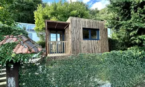 Une charmante tiny house en bois, nichée dans un jardin verdoyant, évoque un coin de nature paisible près de Paris.