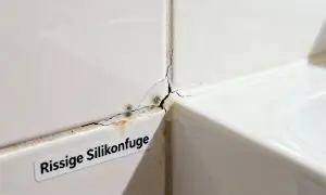 Rissige Silikonfuge mit Schimmelbildung. Zeit, die Silikonfugen zu erneuern, um Feuchtigkeitsschäden zu vermeiden.