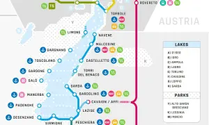 Mappa del Lago di Garda con percorsi ciclabili e servizi. Ideale per un tour "mit dem Fahrrad um den Gardasee".