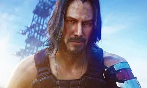 Keanu Reeves jako Johnny Silverhand w Cyberpunk 2077. Postapokaliptyczny krajobraz w tle.