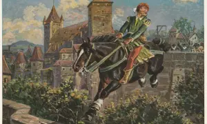 Ein Ritter springt mit seinem Pferd über eine Mauer. Gab es den Raubritter Eppelein von Gailingen wirklich? Die Burg im Hintergrund lässt an Legenden denken.