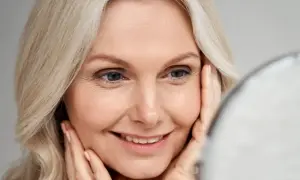 Uśmiechnięta 40-latka z blond włosami, patrząca w lustro. Delikatny makijaż na wesele podkreśla jej urodę.