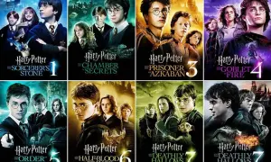 Plakaty filmów z serii Harry Potter, od 1 do 7.