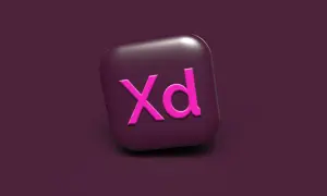 Ikona Adobe XD w kolorze fuksji na ciemnofioletowym tle. Narzędzie do projektowania interfejsów.