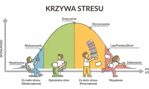 Krzywa stresu pokazuje, jak radzić sobie ze stresem: od niedociążenia, przez optymalny poziom, aż po przeciążenie i wypalenie.
